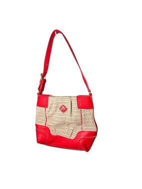 NEW Simply Vera Vera Wang Woven Straw Shoulder Bag Red Beige Faux Leather Trim